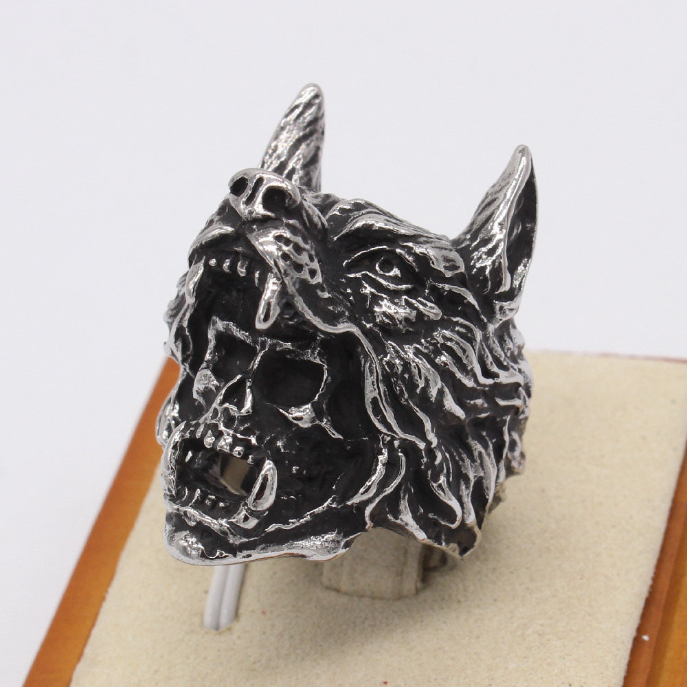 Halloween Wolf Head Skull Titanium Steel Ring for Men