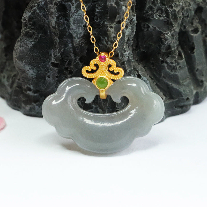 Opulent Silver Pendant with Smoke Purple Ruyi Hetian Jade Necklace