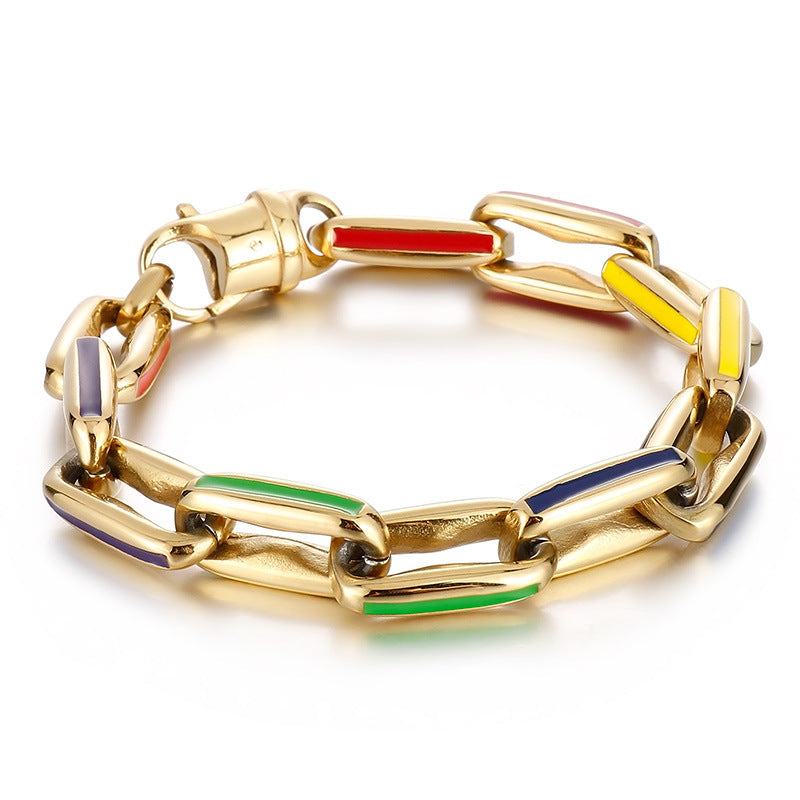 Hip-Hop Inspired Spliced Hollow Colorful Bracelet for Men - European & American Titanium Steel Square Cuban Chain