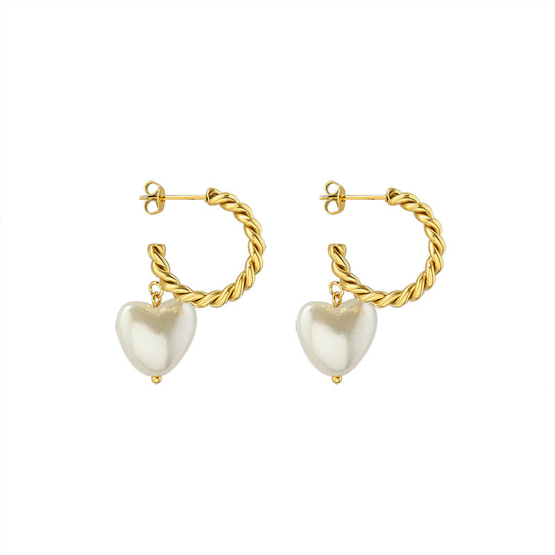 Italian Niche Design Heart-Shaped Earrings with Imitation Pearls and Gold Plating