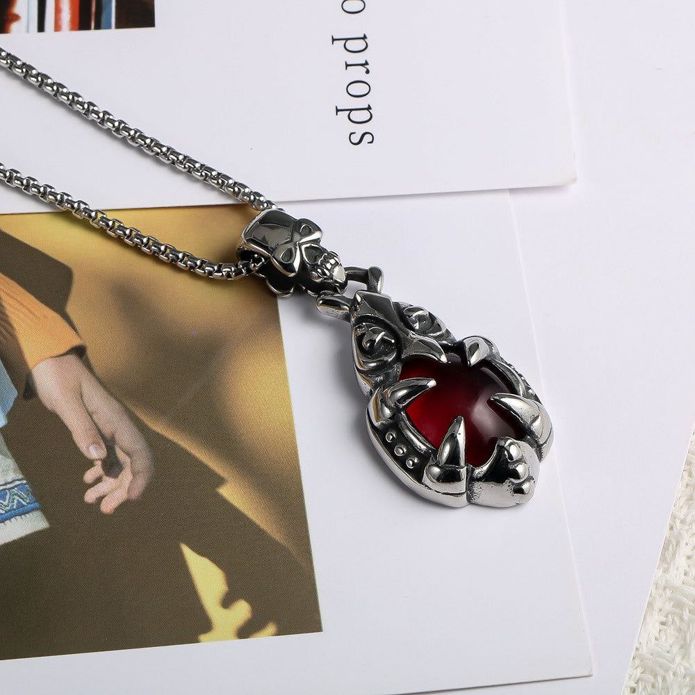 Edgy Retro Skull Buckle Necklace with Bold Red Pomegranate Pendant - Men's Fashion Statement Accessory