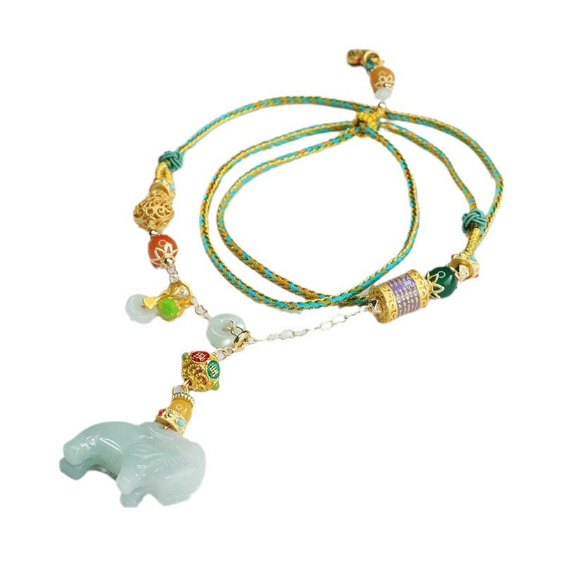 Jade Elephant Blessing Necklace with Sterling Silver Chain