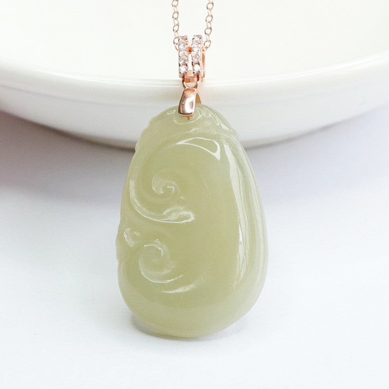 Ruyi Jade Zircon Rose Gold Necklace with Hotan Jade Gemstone