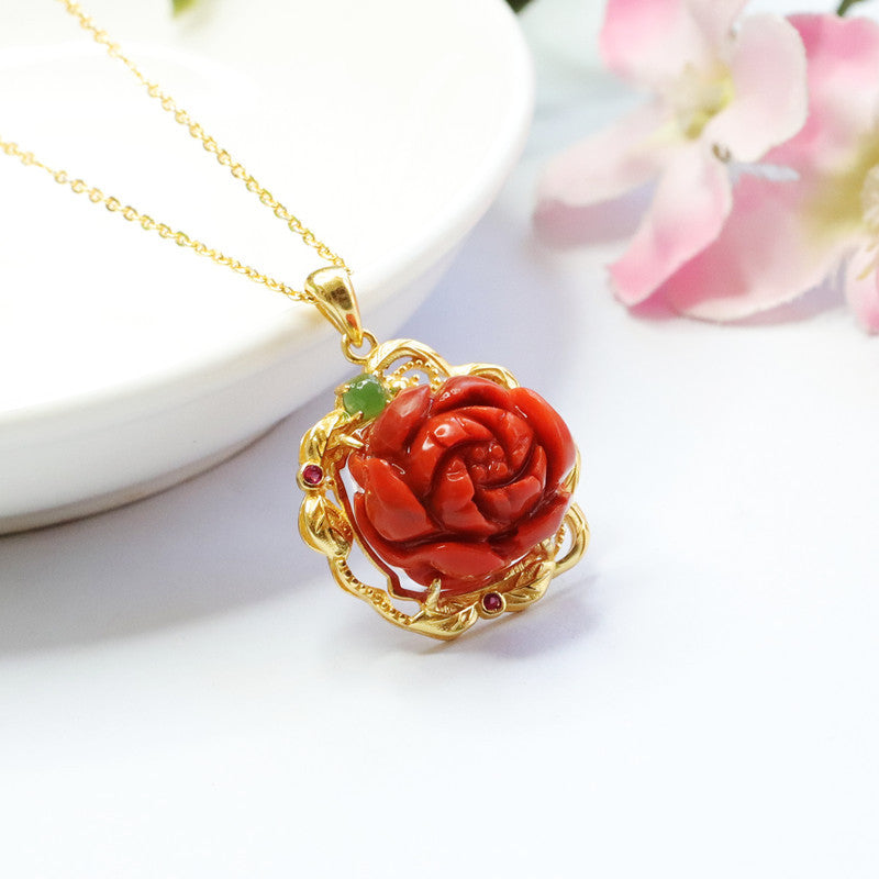 Southern Red Agate Peony Flower Necklace crafted in Sterling Silver