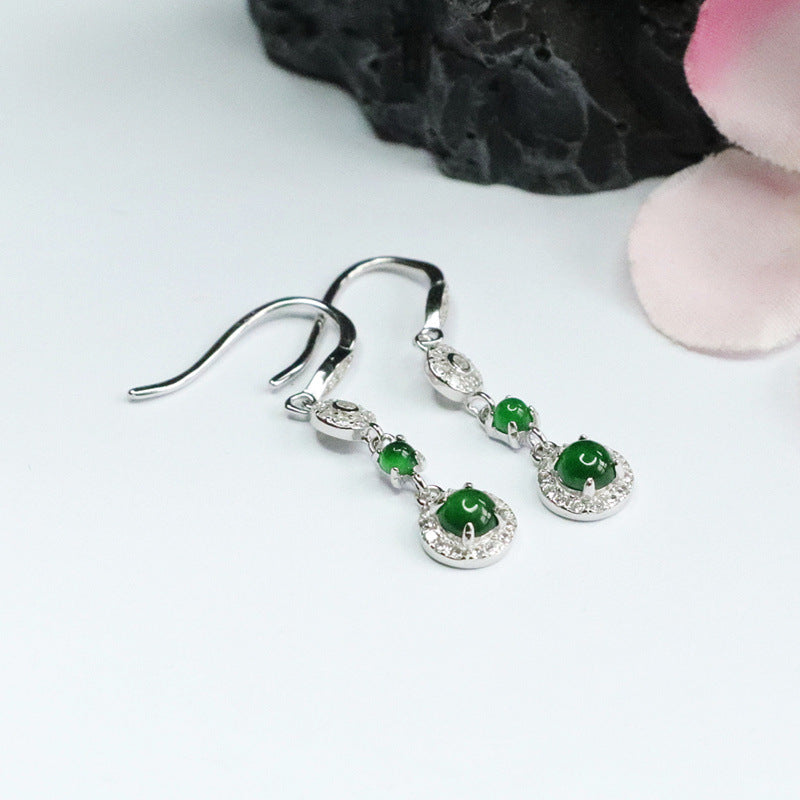 Dangle Earrings with Genuine Ice Green Jadeite Tassels