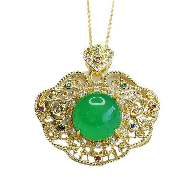 Natural Round Green Chalcedony Hollow Zircon Ruyi Pendant