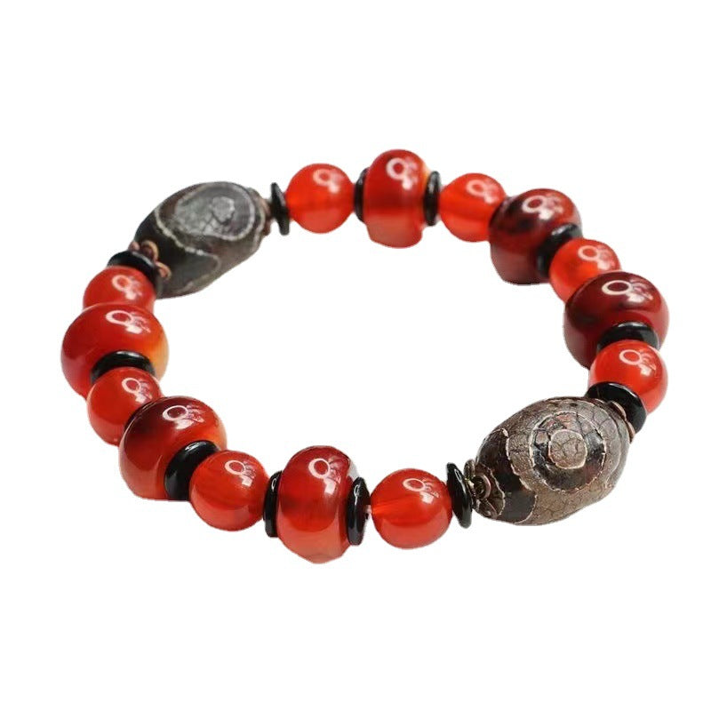 Three-Eyed Heavenly Red Agate Sterling Silver Bead Bracelet