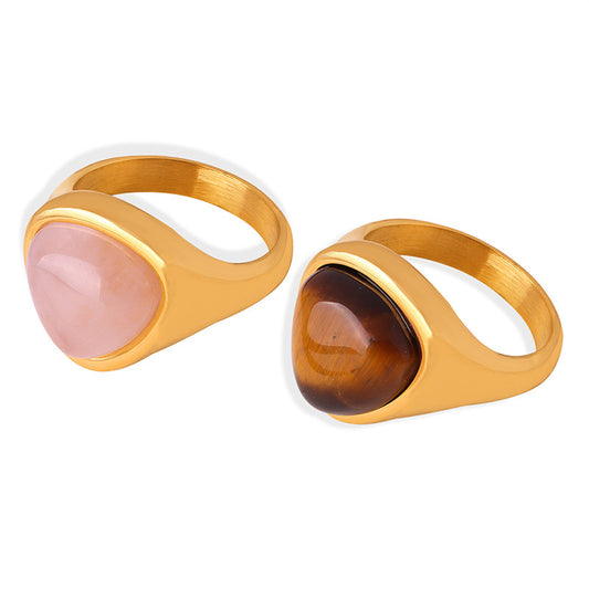 Natural Pink Spar and Tiger's Eye Titanium Steel Couple Ring