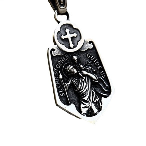 Vintage-Inspired Titanium Steel Cross Shield Pendant for Men with Crutches Design