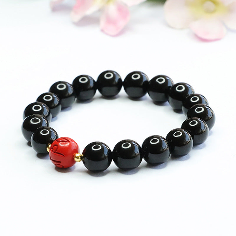 Black Agate and Cinnabar Red Sand Bead Bracelet with Six-character Proverb