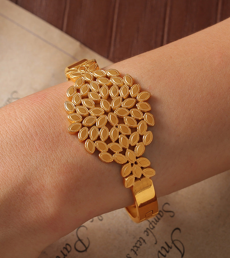 Trendy Titanium Steel Leaf Design Gold Bracelet