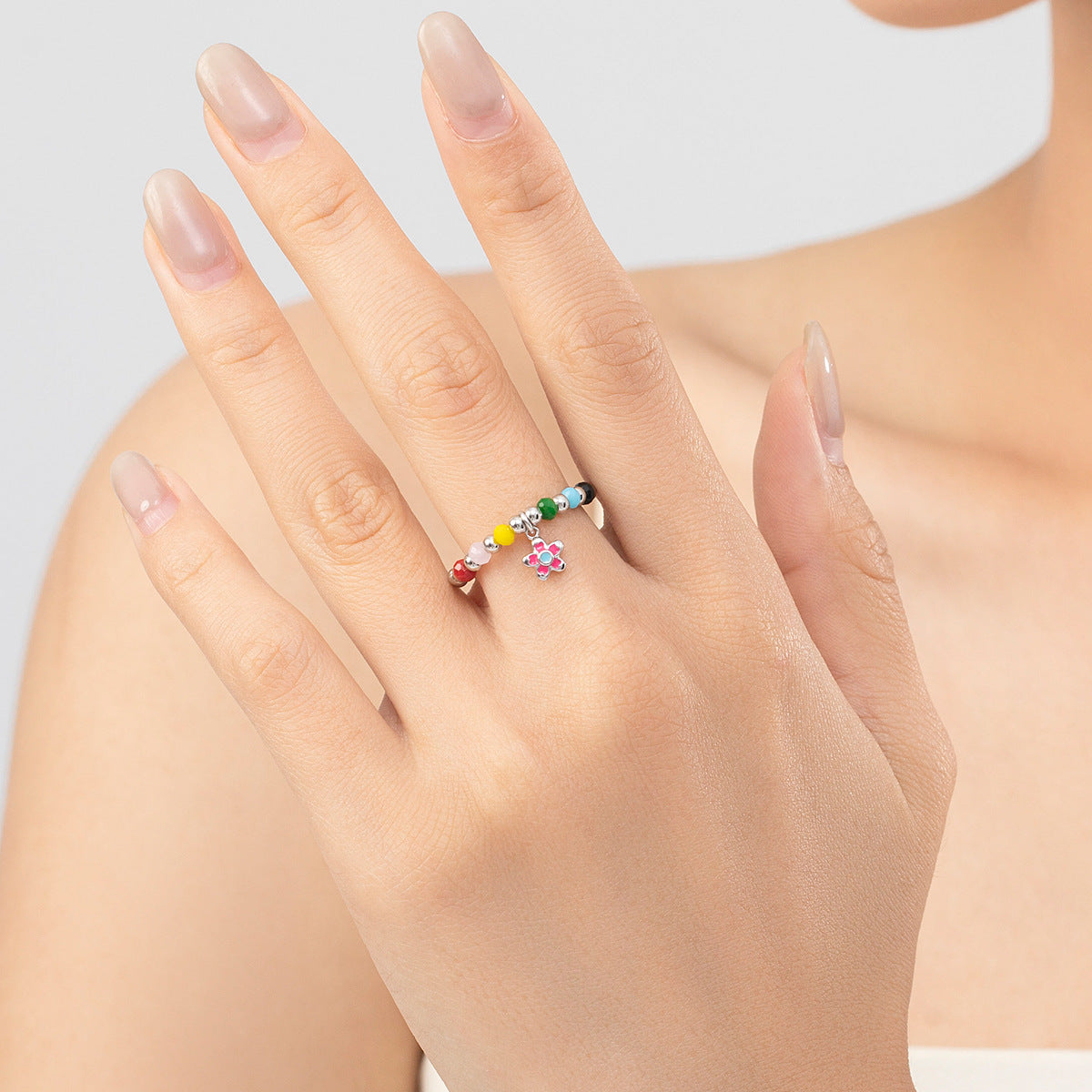 Sterling Silver Adjustable Flower Ring with Colored Beads