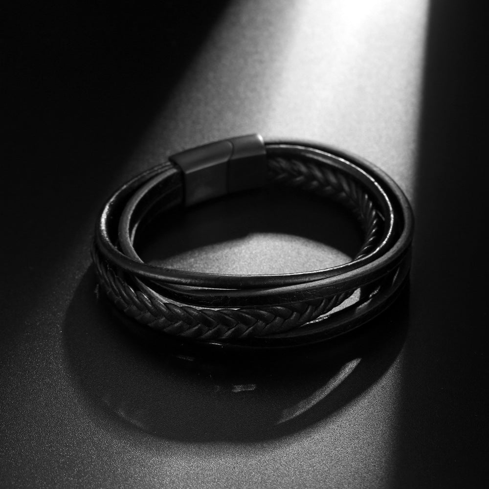 Men's Customizable Woven Leather Bracelet with Titanium Steel and Sleek Black Buckle