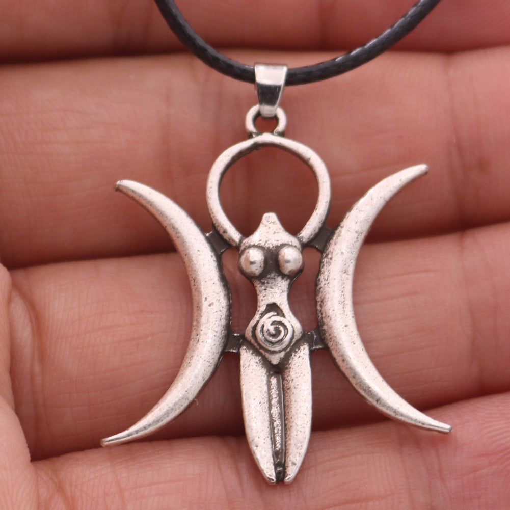 Mystical Moon Goddess Fertility Necklace - Vintage Silver Pendant for Men