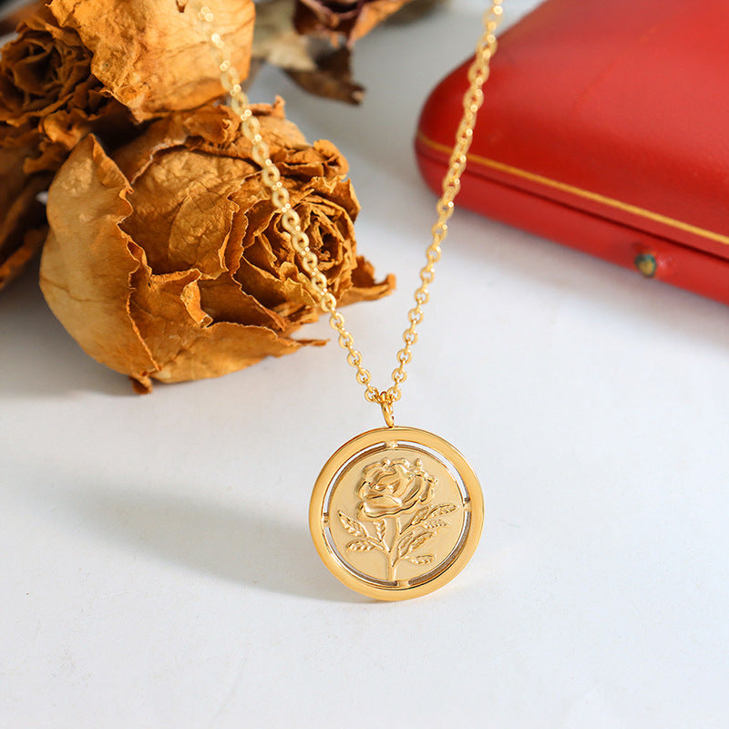 Vintage Rose Pendant Necklace with 18k Gold Plated Titanium Chain