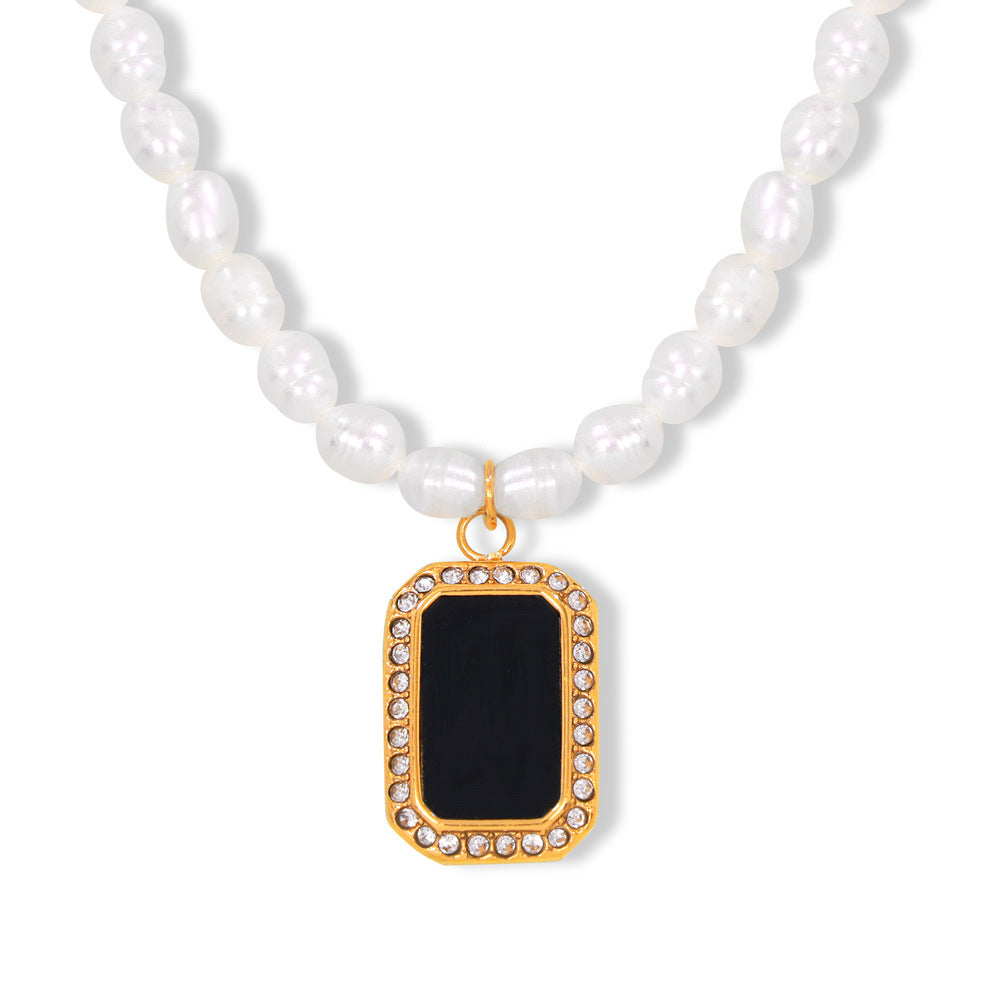 Gentle French Pearl and Zircon Pendant Necklace with Titanium Steel Chain