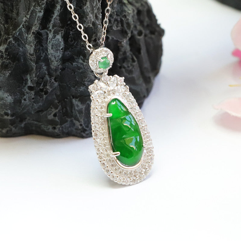 Green Jade and Zircon Sterling Silver Pendant Necklace