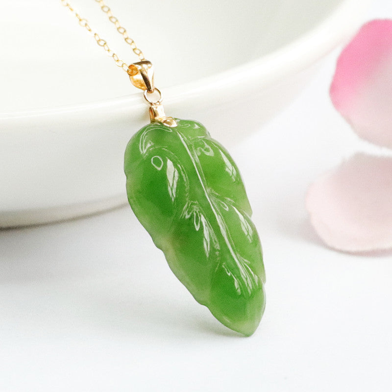 Jade Leaf Pendant Necklace in Russian Green Hotan Jade