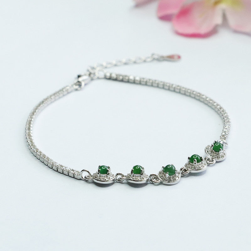 Sterling Silver Bracelet with Natural Jade Inlay