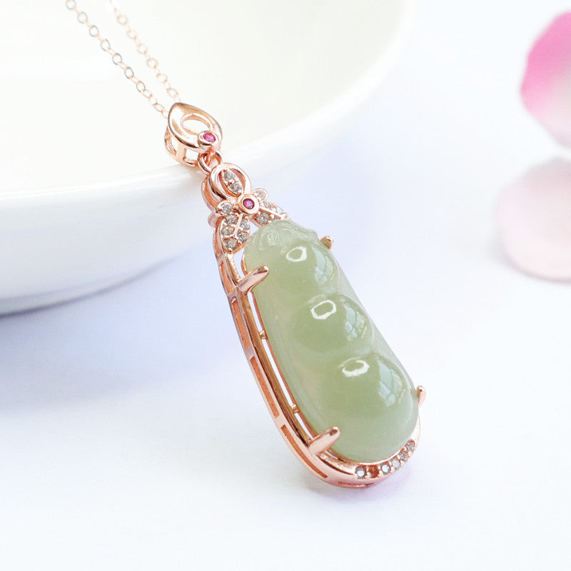 Hetian Jade Sterling Silver String Bean Pendant Necklace