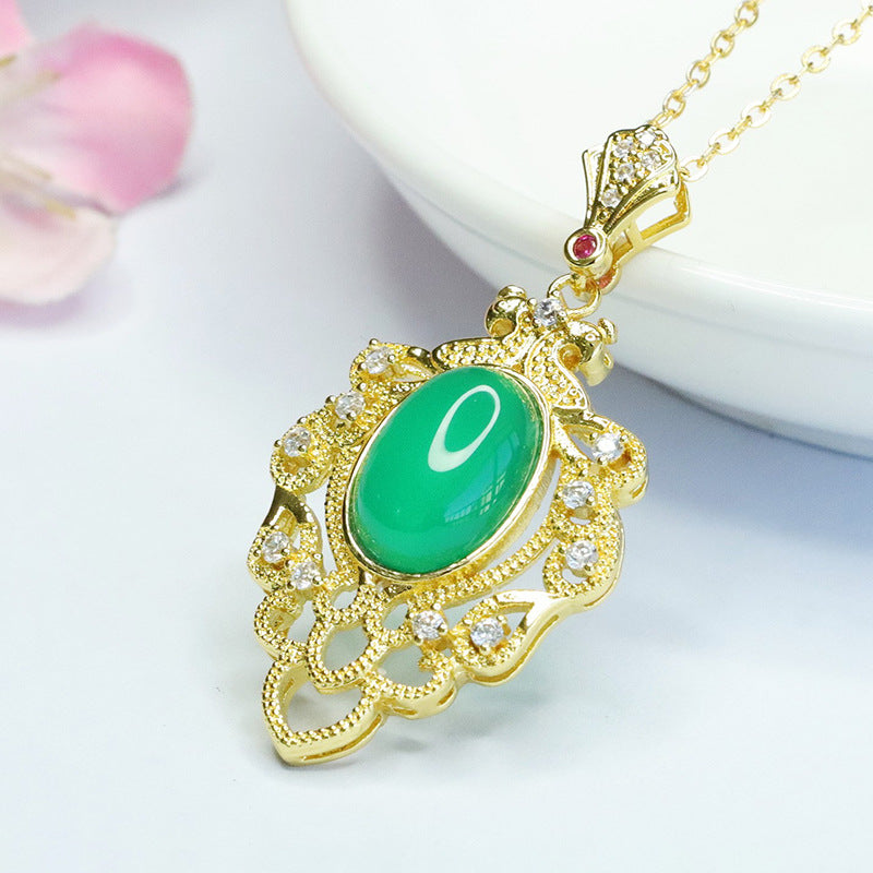 Green Chalcedony Leaf Pendant with Zircon Accent