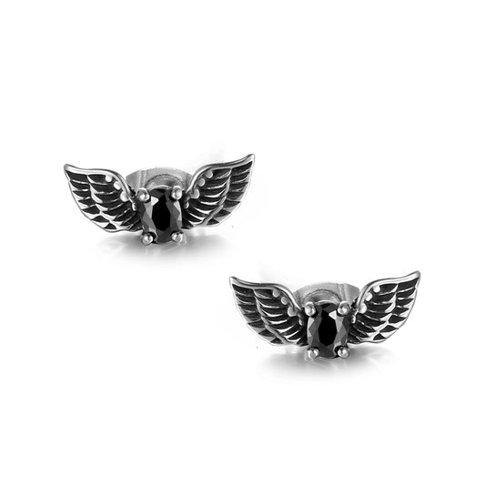 Personalized Titanium Steel Zircon Stud Earrings with Retro Wing Design for Men and Women