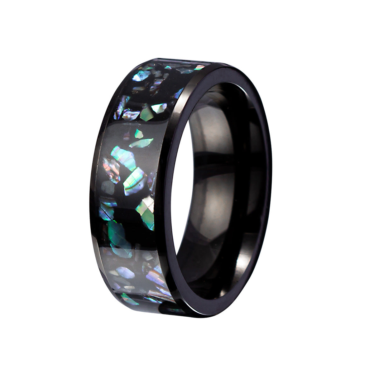 European & American Abalone Shell Titanium Steel Ring for Men - 8mm Shell Inlay