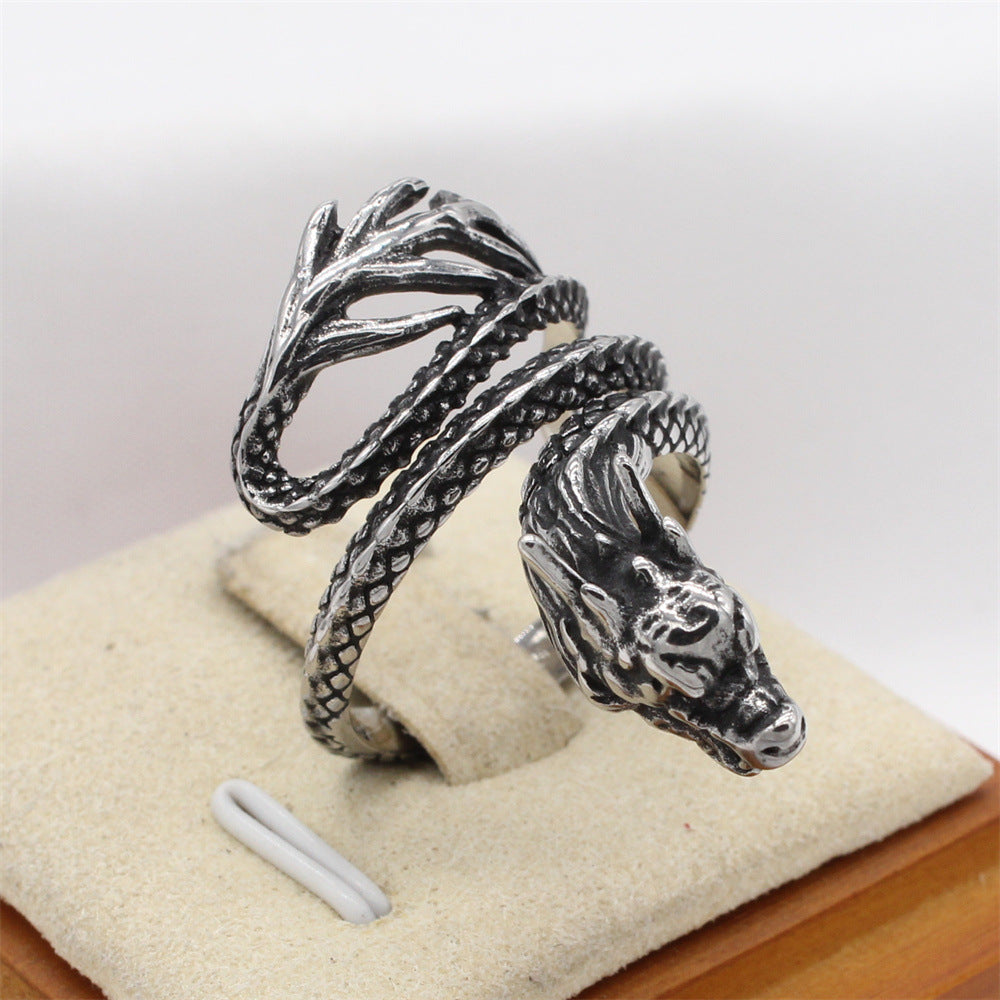 Personalized Retro Chinese Dragon Men's Titanium Steel Ring - European and American Style for Wholesale