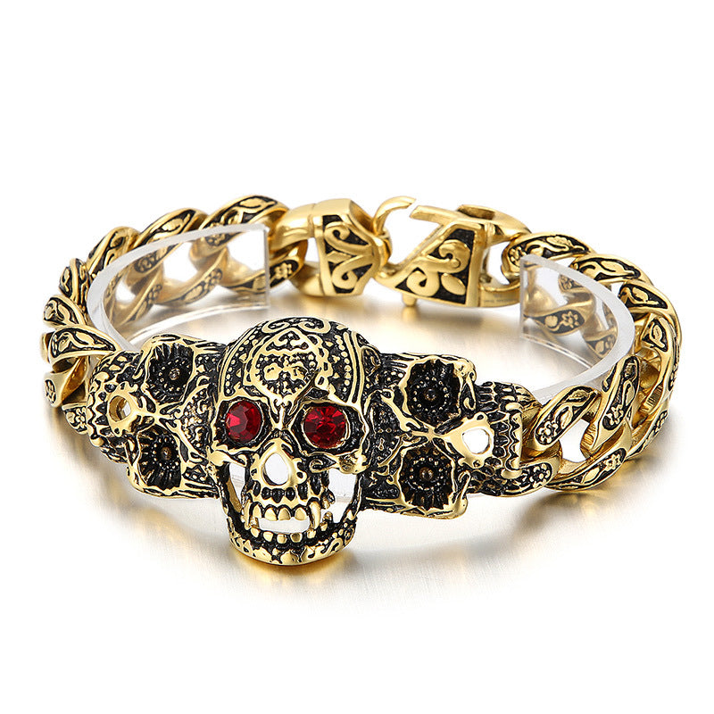 European and American Punk Style Stainless Steel Skull Bracelet with Retro Red-Eye Design for Men