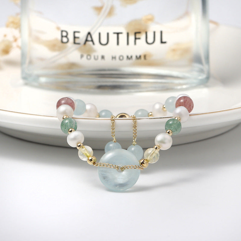 Korean Style Aquamarine Crystal and Freshwater Pearl Bracelet with Sterling Silver Clasp