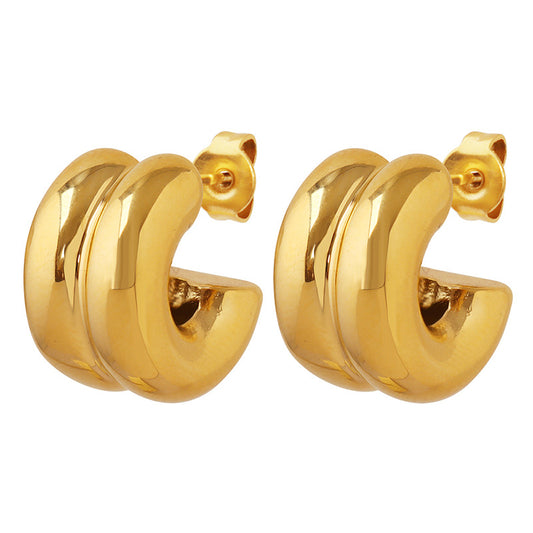 Elegant 18K Gold-Plated Mirror Stud Earrings with Unique C-Shape