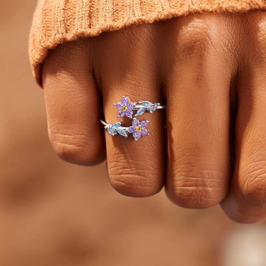 Colourful Zircon Leaf Flower Opening Sterling Silver Ring