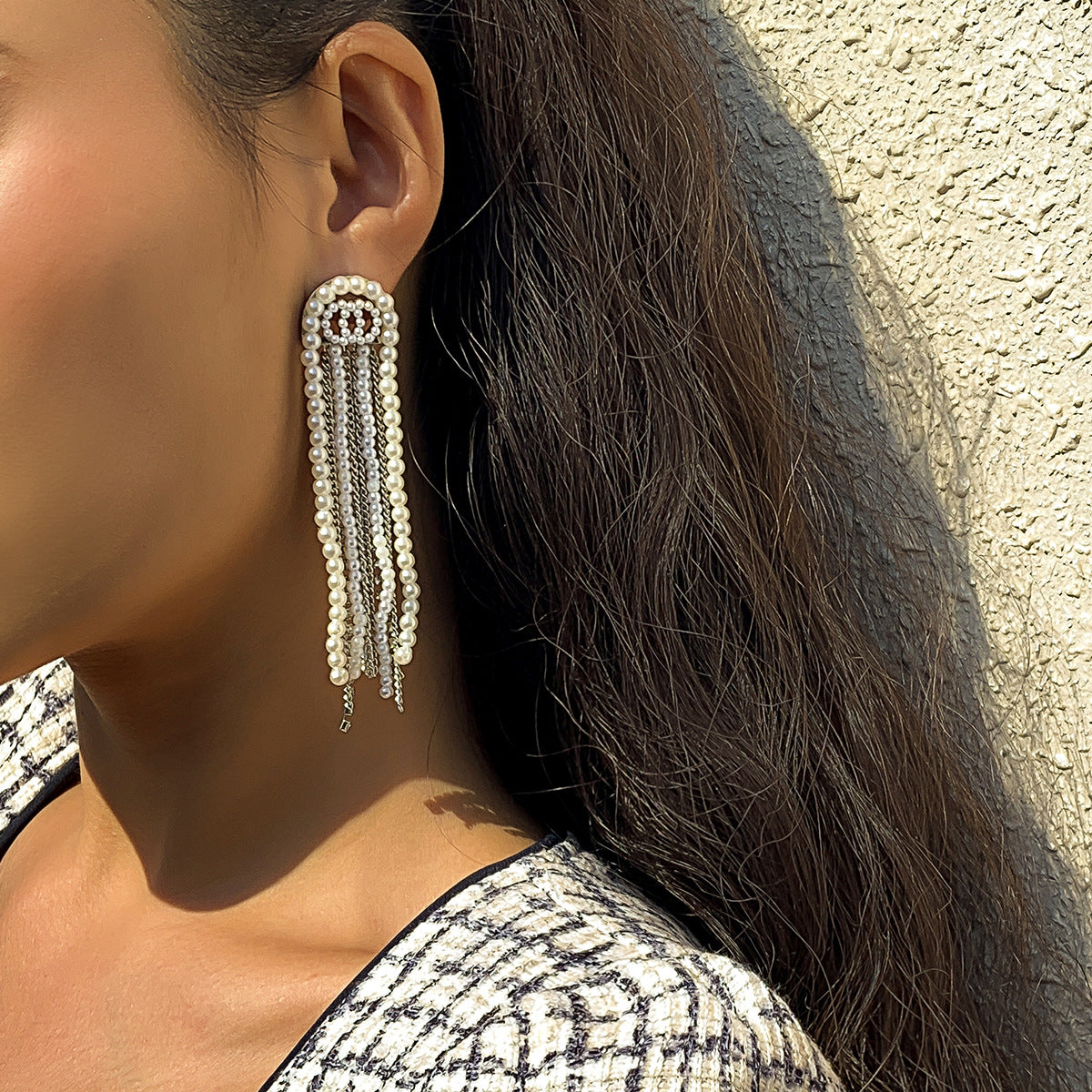 Pearl Tassel Earrings with Geometric Chains and Inlaid Gems