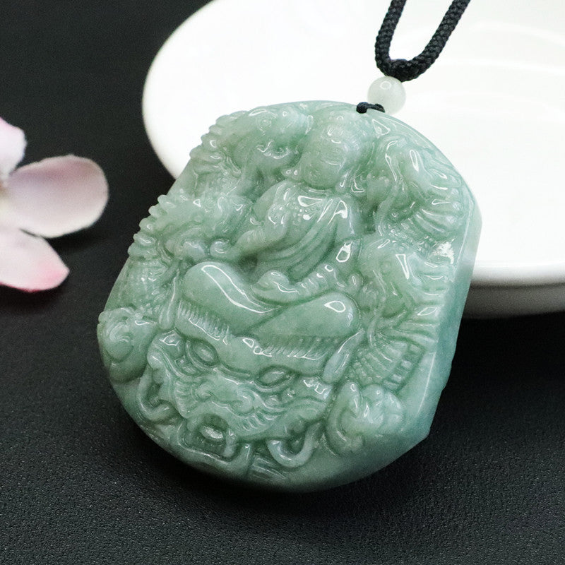 Green Jade Guanyin Dragon Sterling Silver Pendant.