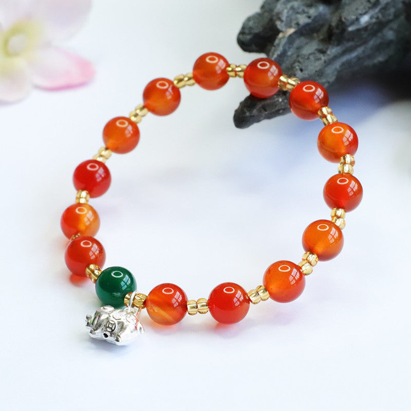 Red Agate and Green Chalcedony Elephant Blessing Bracelet in Sterling Silver