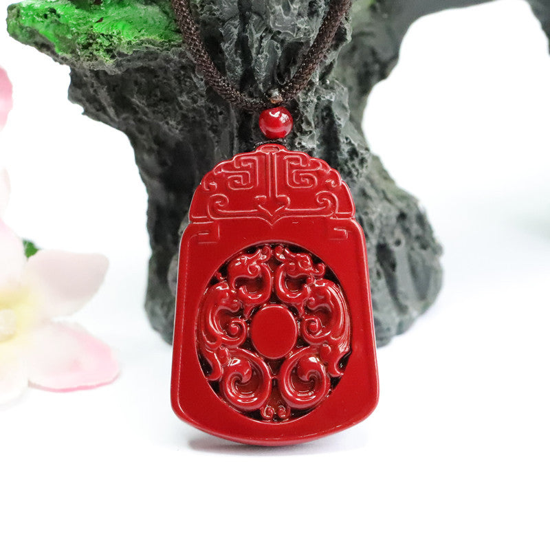 Cinnabar Pendant Antique Dragon and Phoenix Double Side Carving Pendant