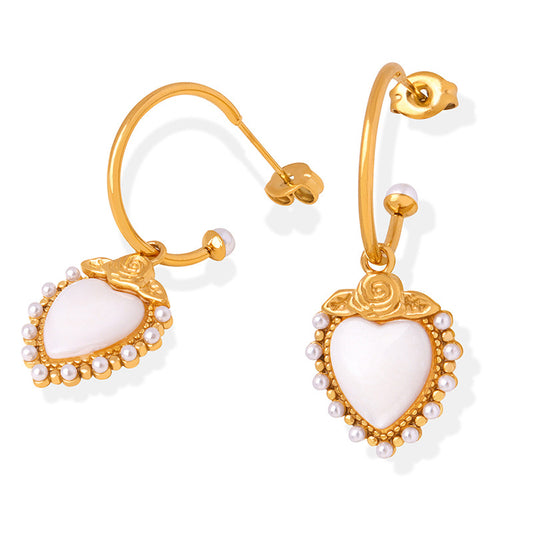 Rose Gold Shell Pearl Heart Dangle Earrings for Women