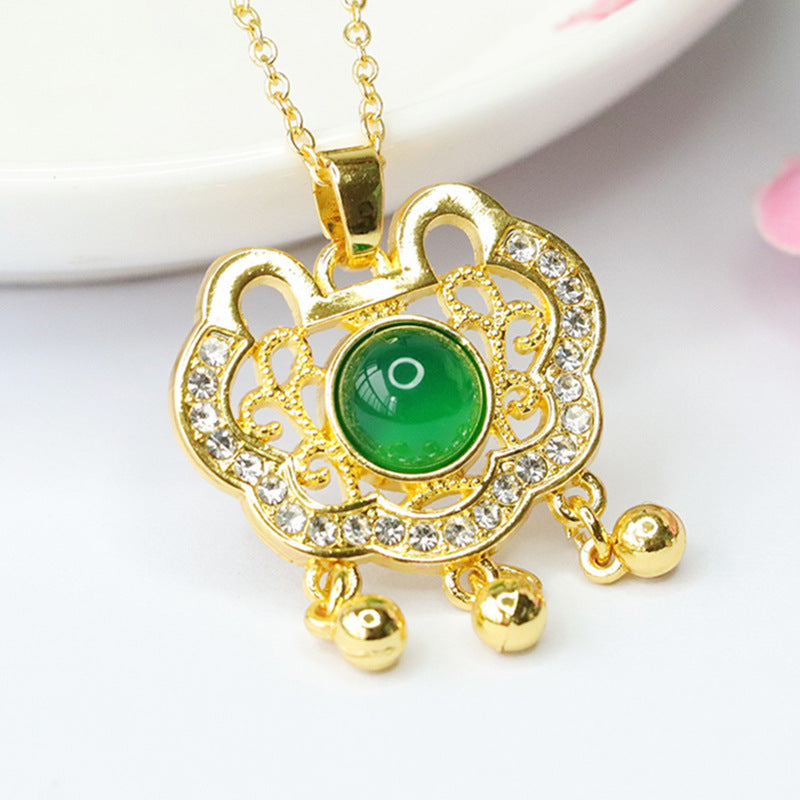 Green Ruyi Agate and Zircon Pendant