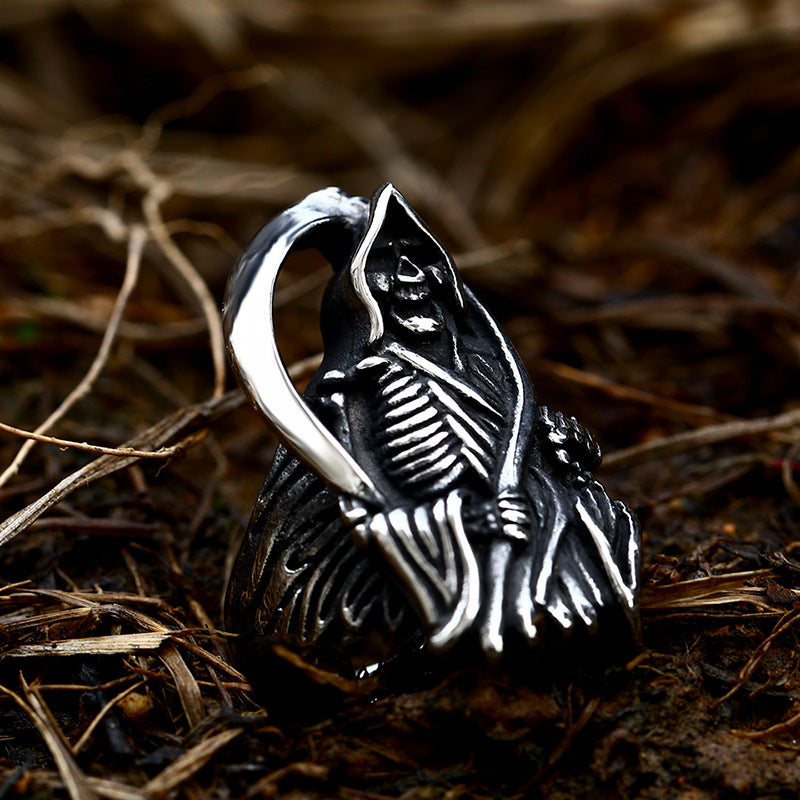 Retro Titanium Steel Skull Ring for Men - Cross-Border Stainless Steel Death Sickle Design