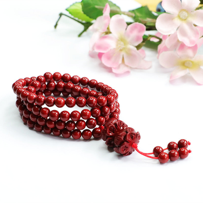 Buddha Beads Bracelet with Cinnabar Stone and Sterling Silver