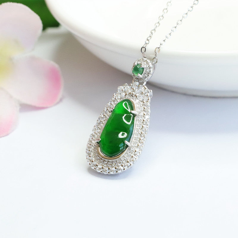 Green Jade and Zircon Sterling Silver Pendant Necklace