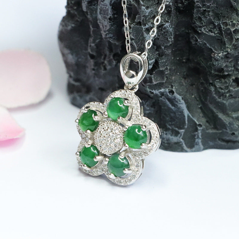 Five Blessings Ice Green Jade Zircon Flower Sterling Silver Necklace