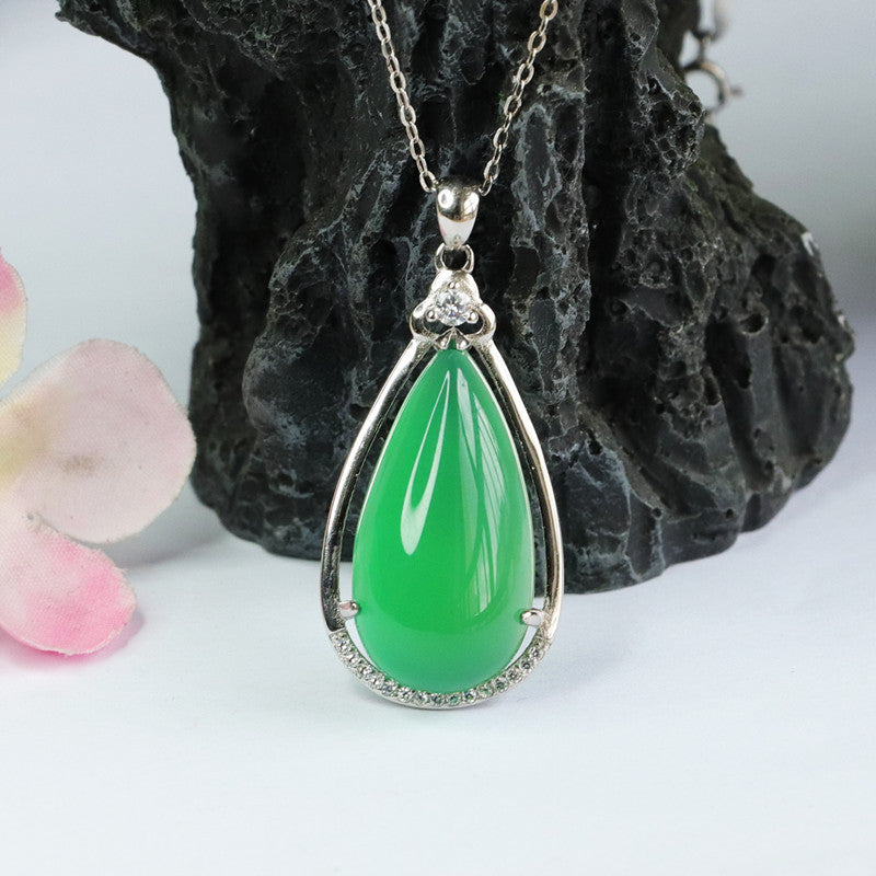 Sterling Silver Necklace with Green Chalcedony Droplet Pendant