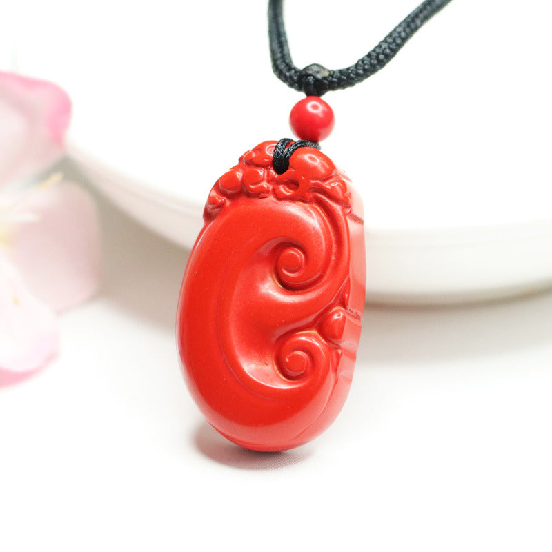 Cinnabar Ruyi Pendant in Red Sand: Sterling Silver Jewelry from Planderful Collection