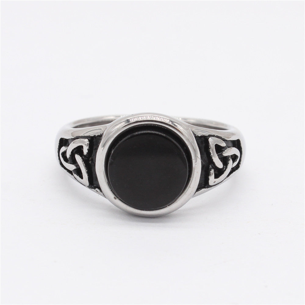 Vintage Viking Round Black Stone Titanium Steel Ring for Men