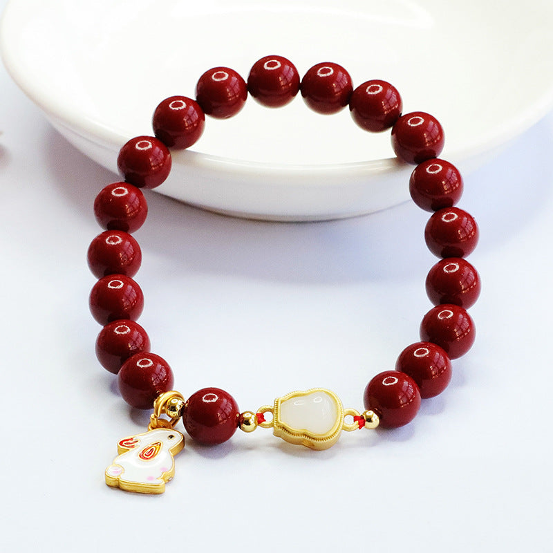 Rabbit Zodiac Jade and Cinnabar Bracelet with Sterling Silver