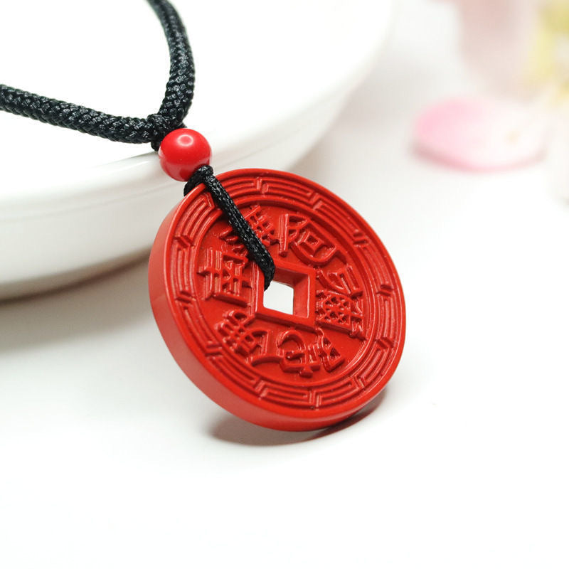 Fortune's Favor Cinnabar Stone Safety Buckle Pendant in Copper Coin Design