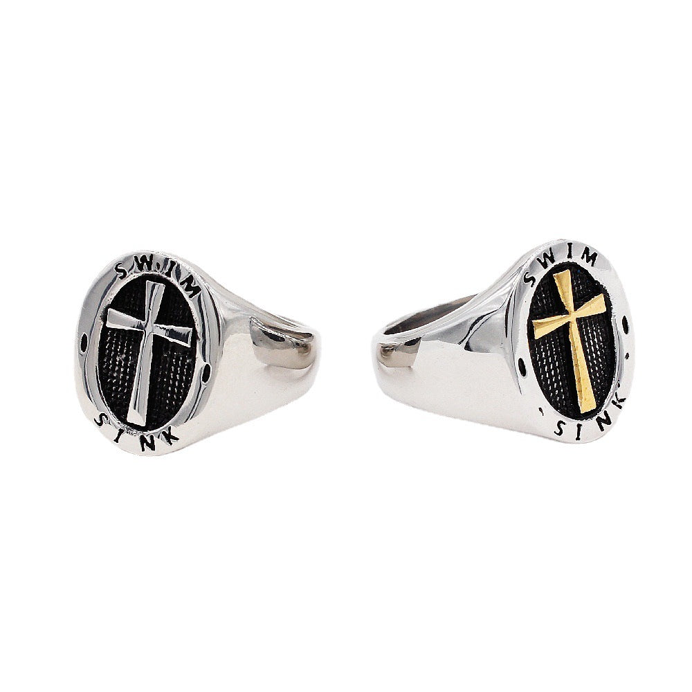 Latin Cross Oval Polished Titanium Steel Ring for Men