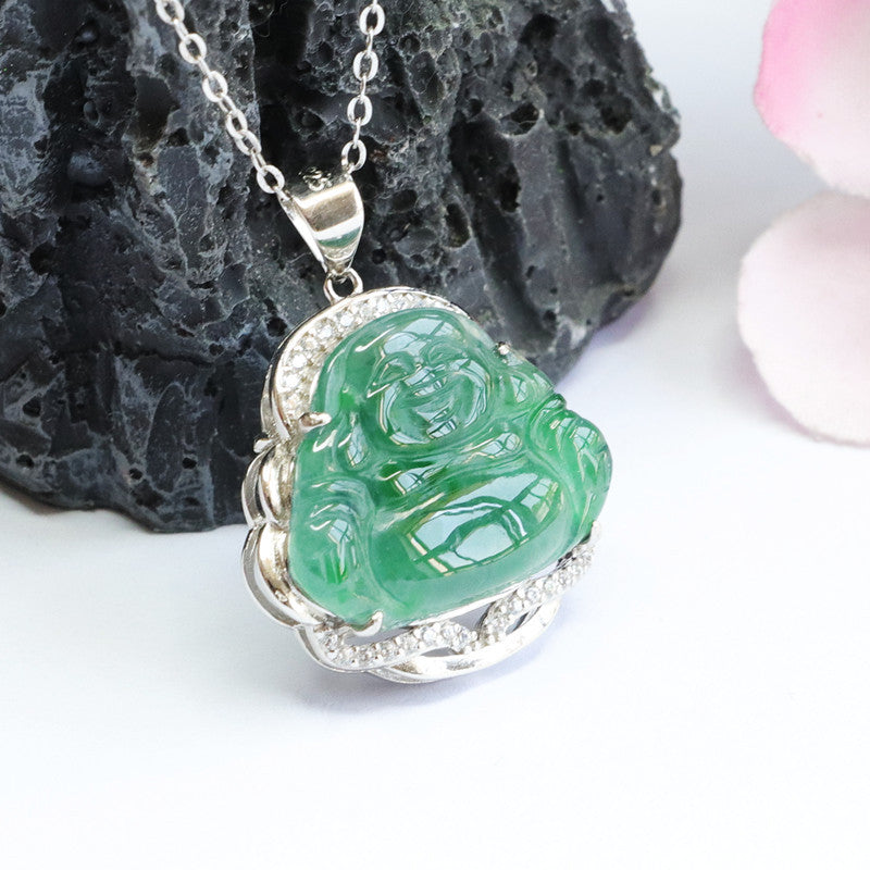 S925 Sterling Silver Jadeite Maitreya Buddha Necklace in Ice Green