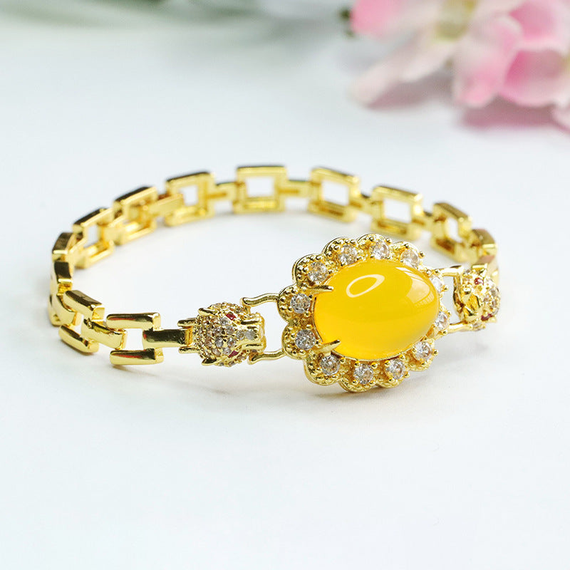 Leopard Head Yellow Chalcedony Bracelet in Sterling Silver